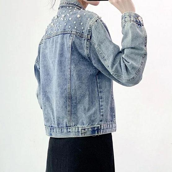 Women's Autumn Large Size Denim Jacket Full Sleeve Loose Button Pearls Short Lapel Casual Denim Coat