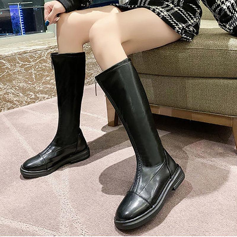 Elastic Boots Single Boot Front Zipper Versatile Long Boots Women's Slim Flat Bottomed Knight Boots Leather Boots