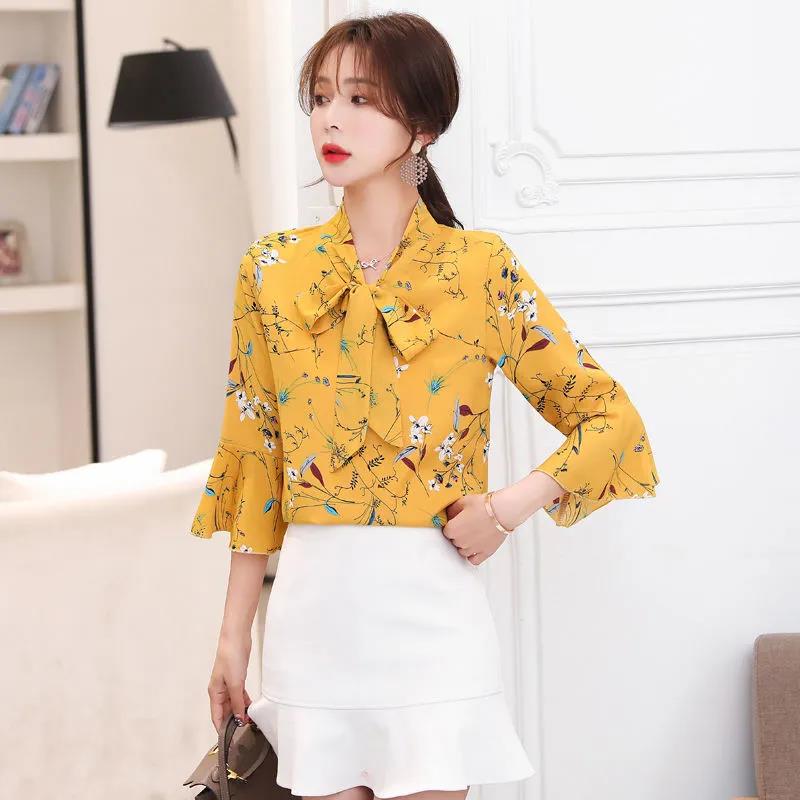 Women's Short-sleeved Chiffon Shirts Trumpet Sleeves Slimming Bottoming Shirts Bowknot Chiffon Shirts Light and Breathable Ladies