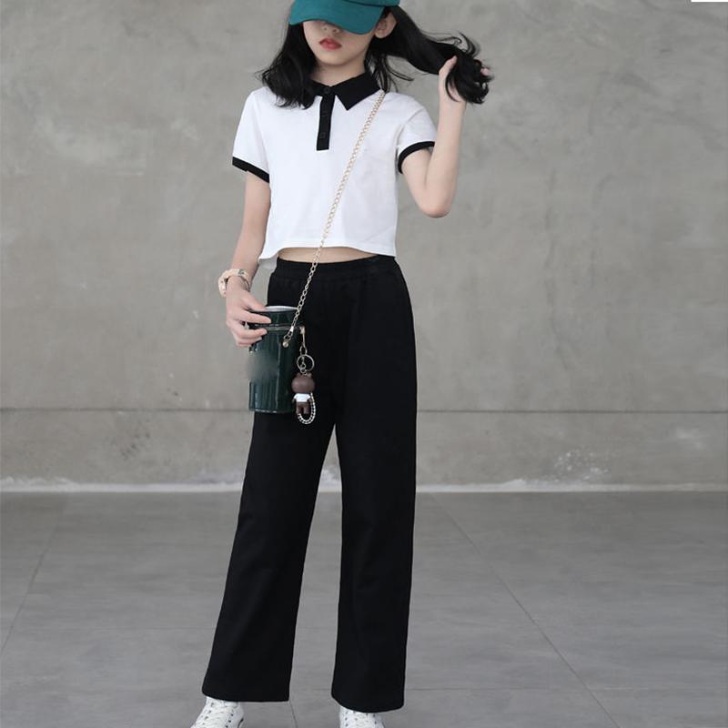 Girls Suit Summer Thin Button T Shirt Wide Leg Pants High Waist Two-piece Set Korean Loose Anti-mosquito Pants