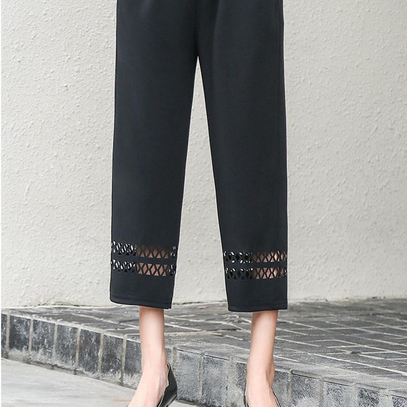 Summer Thin Stretch Mother Cropped Pants Elastic High Waist Loose Middle-aged and Elderly Women's Grandma Pants Hollow Casual Pants