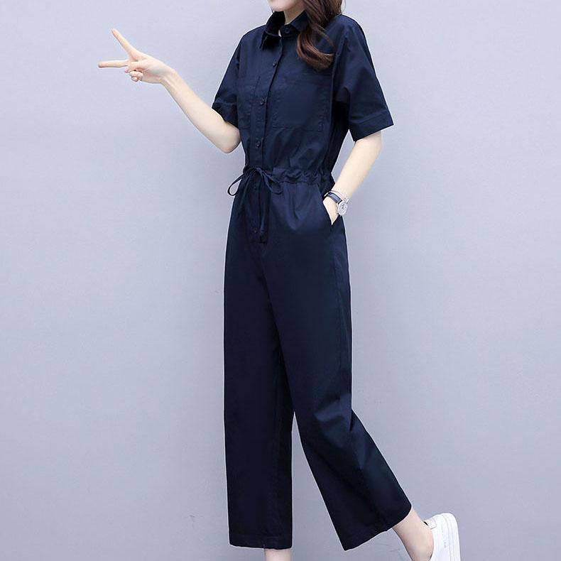 Women's V-Neck Button Lace-Up Jumpsuit Summer Short Sleeve Loose Playsuit Overalls Female Elegant Solid Color Pocket Rompers