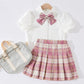 Girls Pleated Skirt Suit Big Children Elementary School Students Summer Puff Sleeve Jk Uniform Skirt Children's College Style Skirt Summer Dress