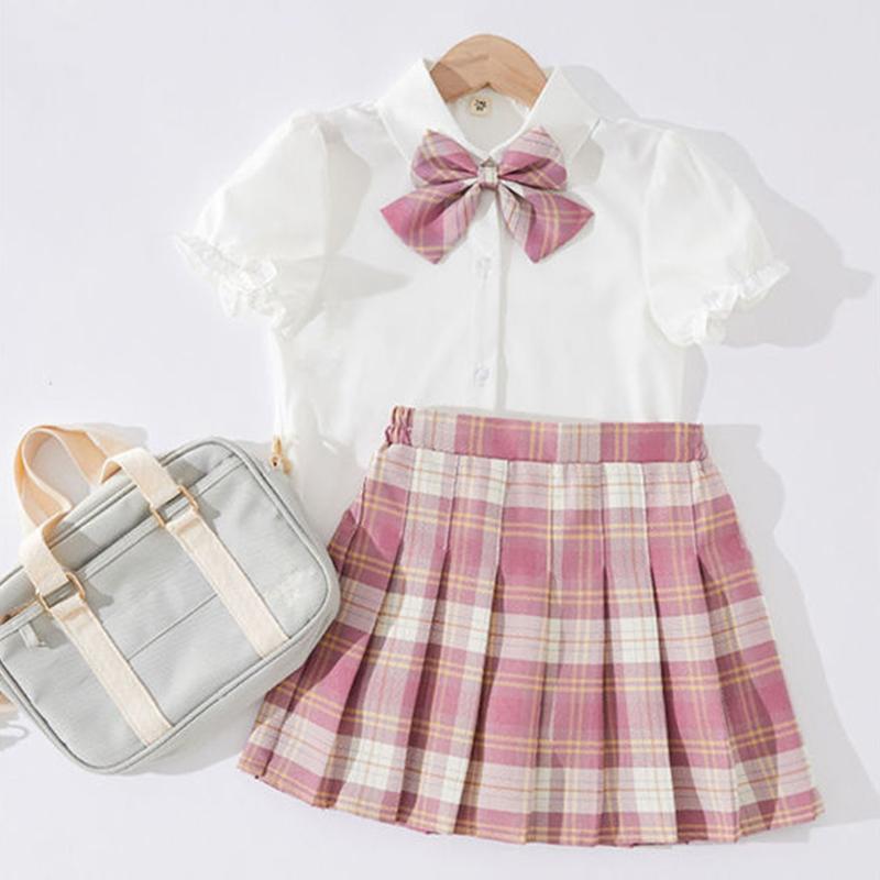 Girls Pleated Skirt Suit Big Children Elementary School Students Summer Puff Sleeve Jk Uniform Skirt Children's College Style Skirt Summer Dress