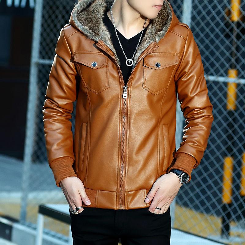 Men's Leather Jacket Winter Plus Velvet Thickening Korean Style Trendy Handsome Slim Men's Leather Jacket