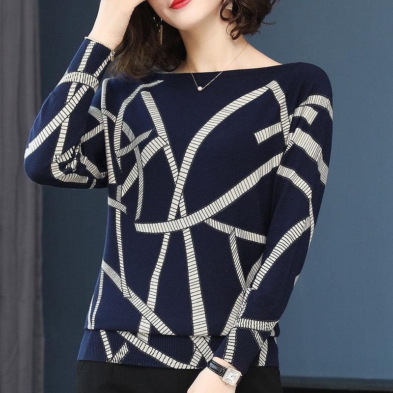 Women 3D Printed Wool Sweater Short Boat Neck Knit Sweater Plus Size Thin Bottoming Sweater Loose Pullover Jumper Top Outwear