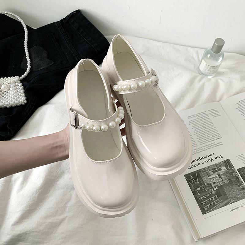 French Retro British Style Leather Shoes Pearl Word with Thick Sole Mary Jane Single Shoes Men Retro Lolita Leather Shoes Cute Women's Shoes