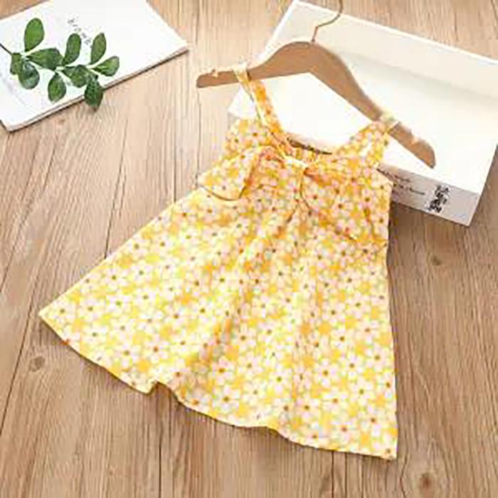 Summer Baby Girls Sling Dresses Children's Clothing Girls Sweet Lovely Polka Broken Flowers Bow Sleeveless Vest Dress