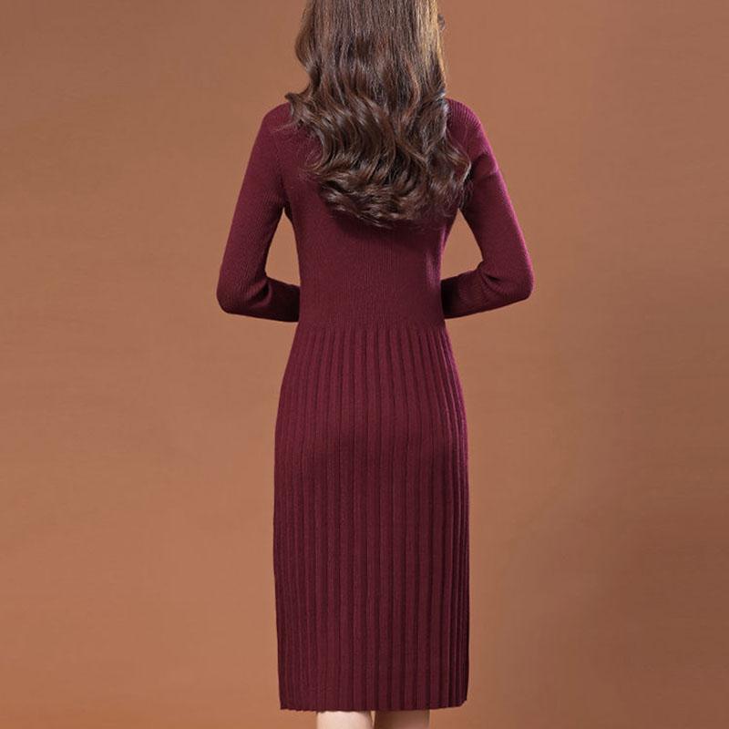 Autumn and Winter Pullover Turtleneck Sweater Skirt Mid-length Solid Color Casual Bottom Skirt Waist Knitted Women Sweater Dress