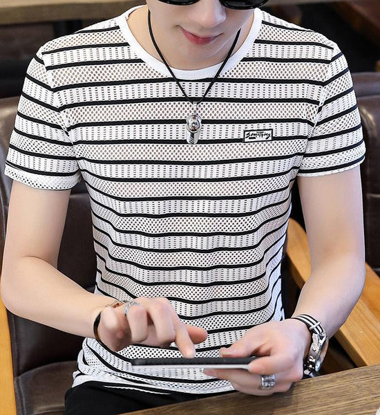 Summer Ice Silk Short-sleeved T-shirt Male Trend Men's Short-sleeved Male T-shirt Hollow Men's Short-sleeved Shirt