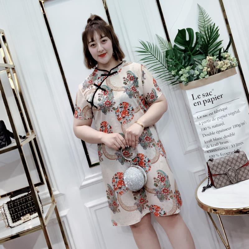 115 Kg Plus Size Women's Summer Dress Fat Sister Retro Temperament Loose and Thin Cheongsam Skirt Dress