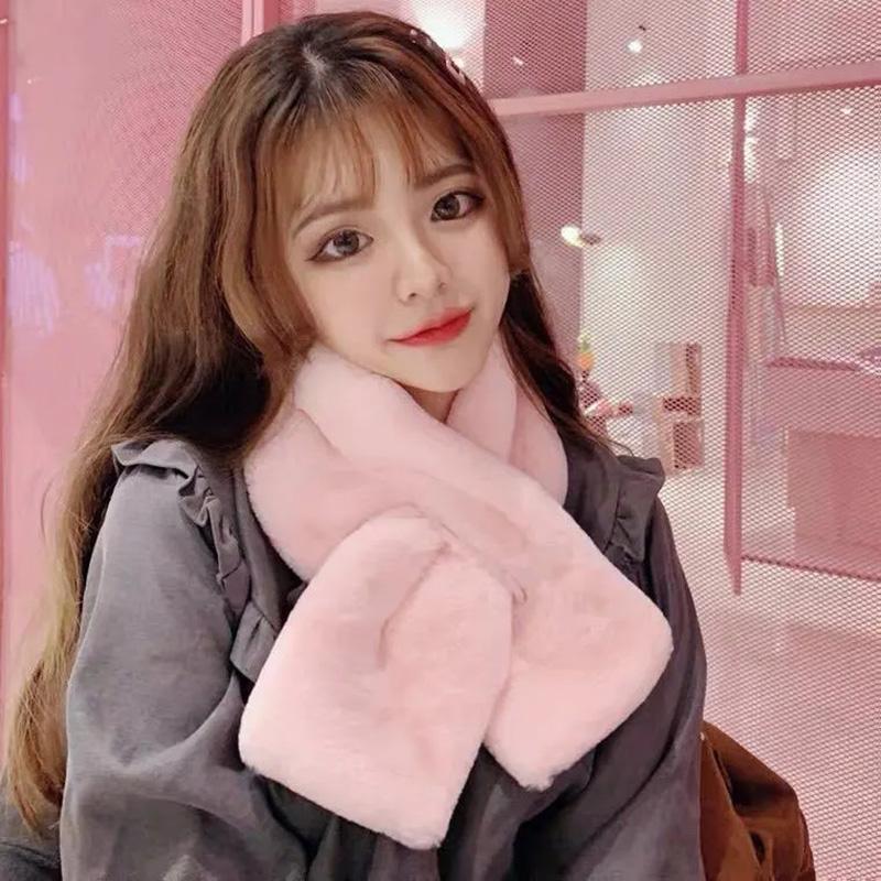 Women's Korean Style Cute Plush Faux Rex Rabbit Fur Blend Scarf Autumn and Winter Bib Pullover Solid All Match Scarf Soft Cross Neck Bib Neckerchief