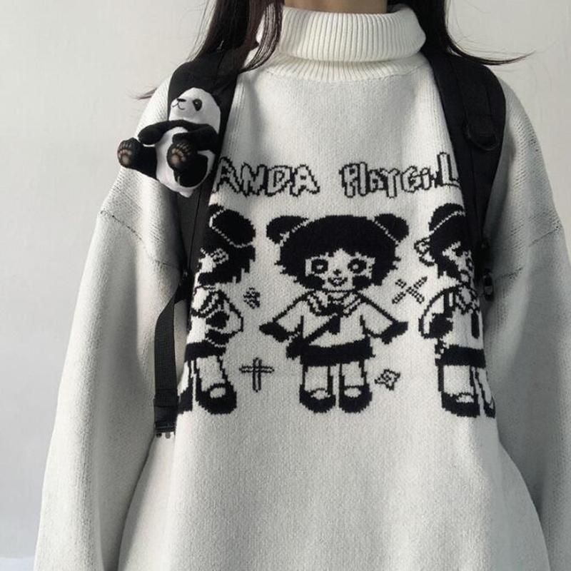 Autumn Winter Color Matching Thick Turtleneck Sweater Female Student Casual Loose Pullovers Cartoon Knitted Jacket Top