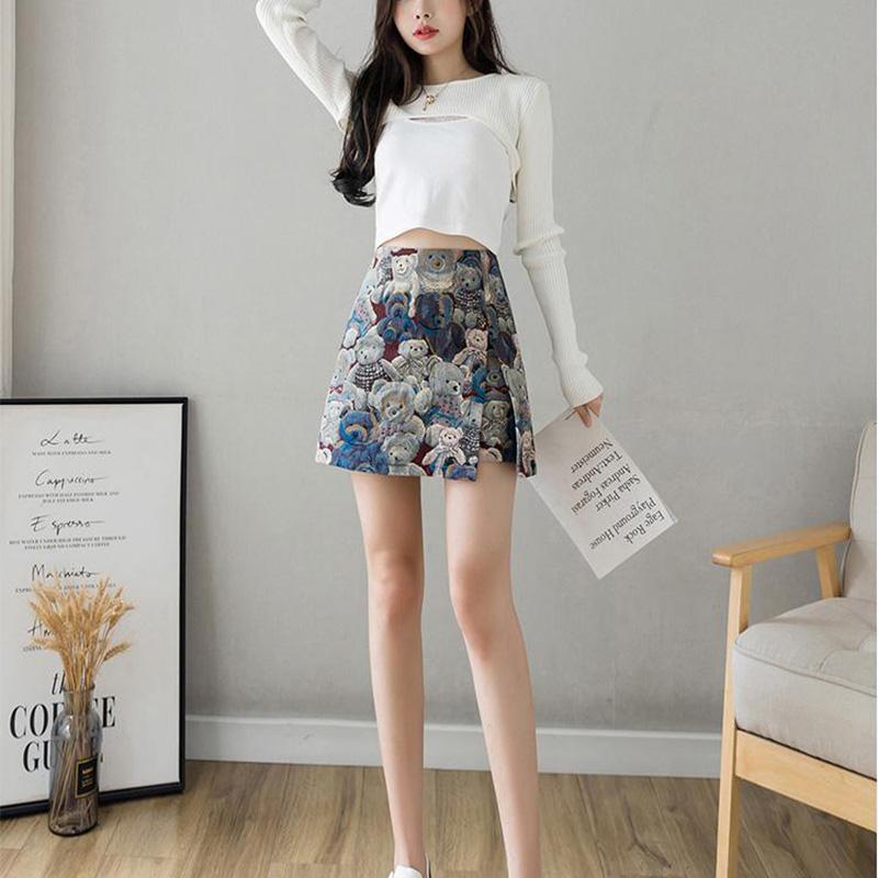 Bear Split Skirt Women's Spring and Autumn High Waist Small Anti-Slip A-Line Short Skirt