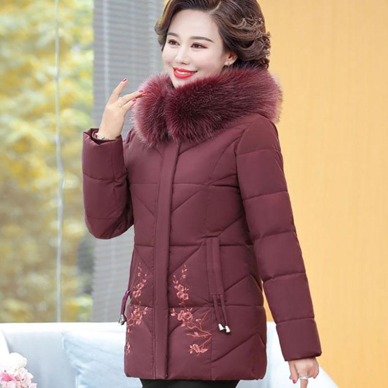 Winter Down Cotton Jacket Fashion Fur Collar Hooded Mid-length Jacket Thick Warm Cotton Jacket Suitable for Middle-aged Women