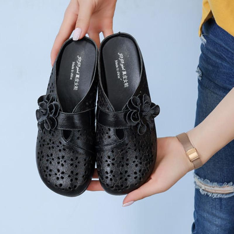 The First Layer of Cowhide Non-open Toe Half Slippers Women's Summer Wear Non-slip Tendon Soft Bottom Hole Shoes Home Flat Sandals Casual Shoes