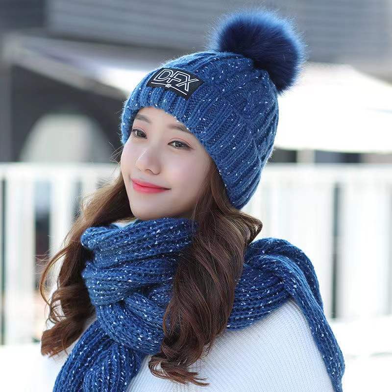 Women's Winter Hat Knitted Woolen Hat Scarf Two-piece Set Korean Version All-match Warm Velvet Fur Ball Cap Solid Soft Knitting Top Hat Scarf Warm Set