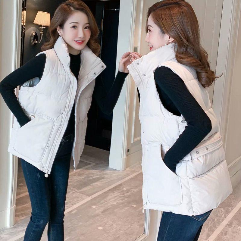 Autumn and Winter Solid Color Casual Down Cotton Vest Korean Version Loose Large Size Stand Collar Thickened Female Jacket