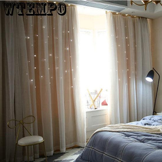 Full Blackout Curtain Princess Style Simple Modern Hollow Star Bedroom  Window Curtain