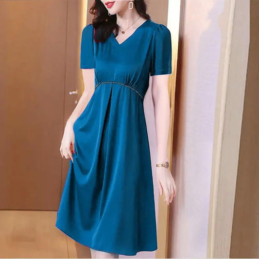 Women Summer Vintage High Waist Solid Color Dress Elegant Slim Chiffon Short Sleeve Pleated Casual Dress