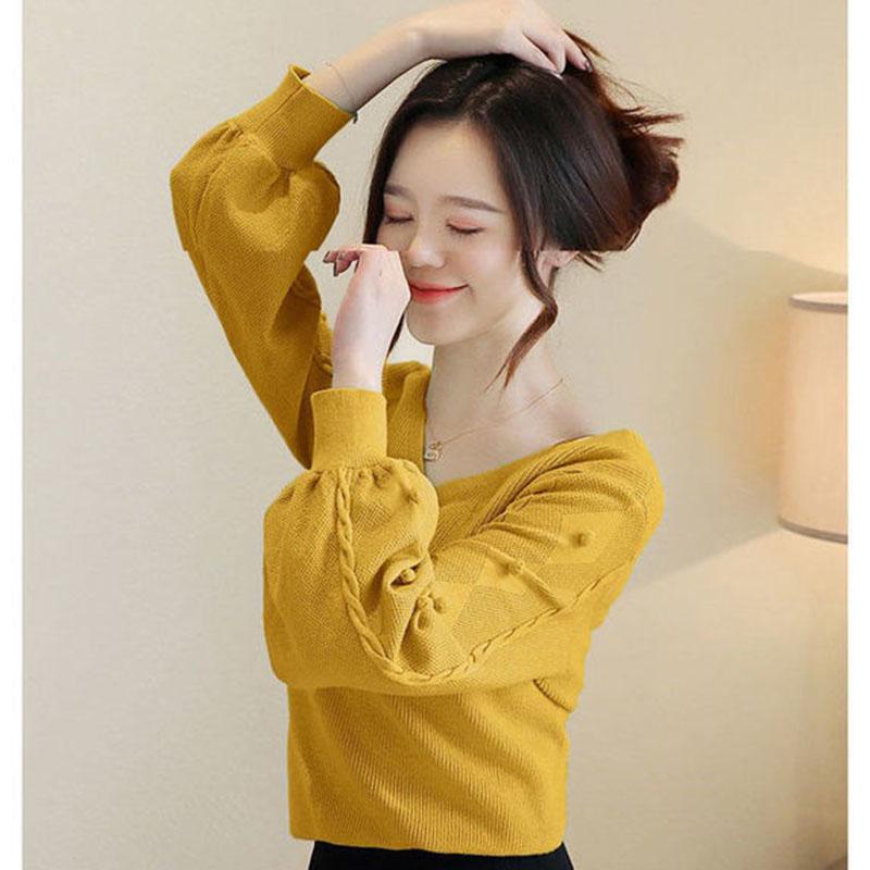 Autumn and Winter Loose V-neck Sweater Lantern Sleeve Pullover Knit Bottoming Shirt Pure Color Simple Female Top