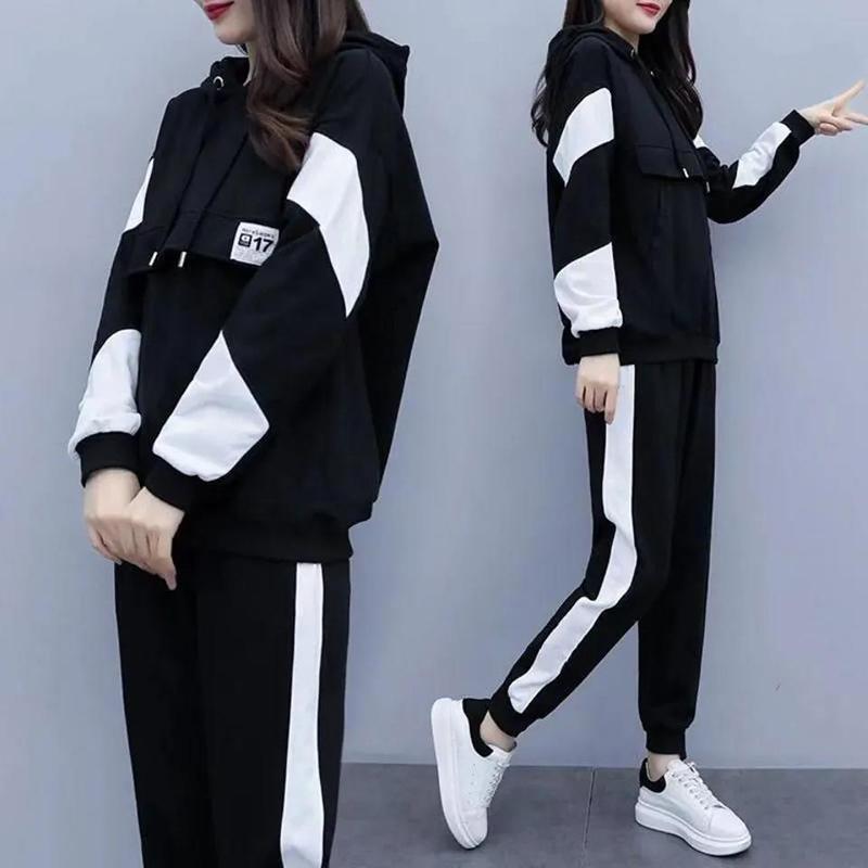 Women's Black and White Stitching Color Hoodie Suit Women's Loose and Thin Leisure Sports Two-piece Hooded Sweater Loose Sweatpants