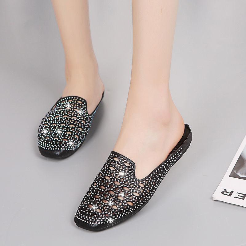 Woman's Fashion Casual Slip On Outdoor Slippers Crystal Hollow Out Flat Shoes