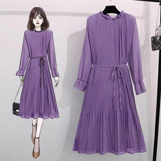 Spring Summer Women's Chiffon Skirt Large Size Medium Long Fashion Thin Pleated Dress Pure Color Long Dresses