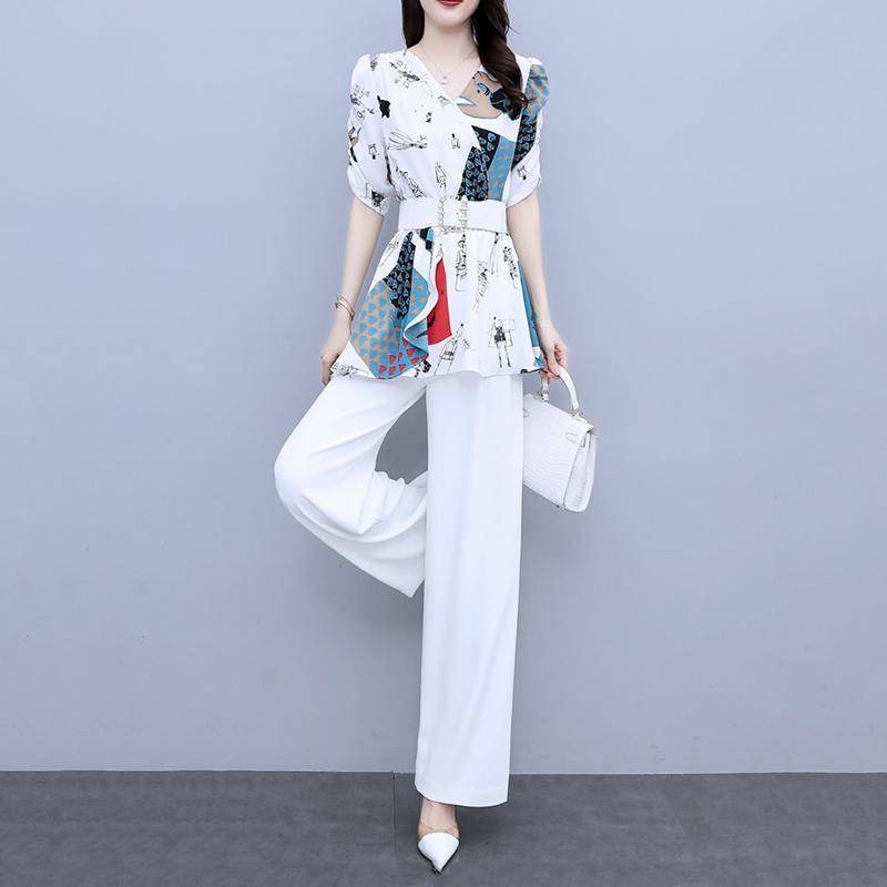 Chiffon Suit Female Temperament Suit Two-piece Suit Waist Slimming Chiffon Shirt Loose Wide-leg Pants Two-piece Suit Ladies Elegant Suit