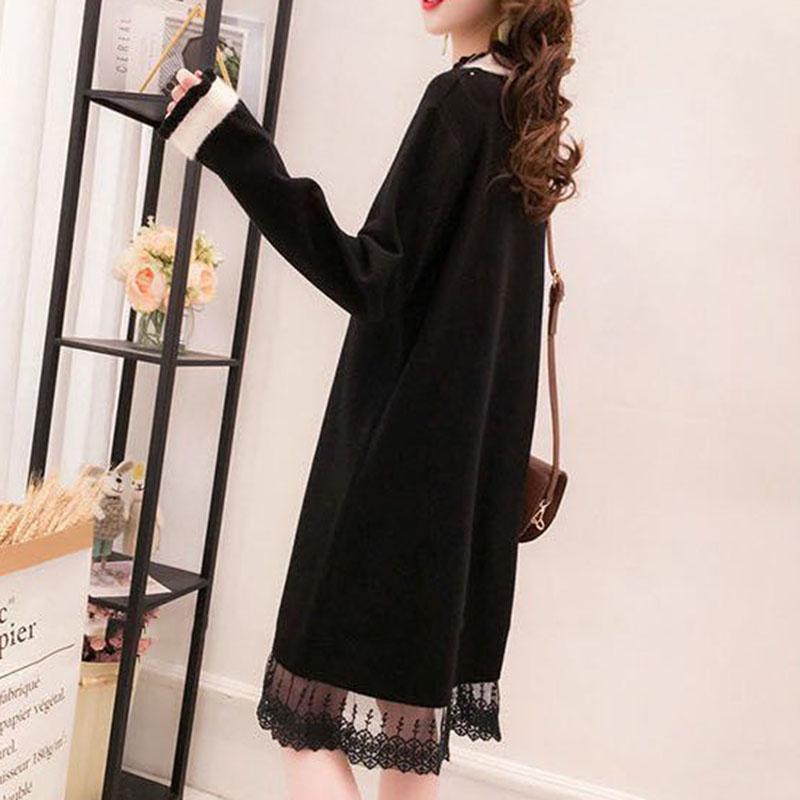 Autumn and Winter Knitted Lace Stitching Sweater Skirt Fashion All-match Hedging Bottoming Shirt Mid-length Female Sweater Dress