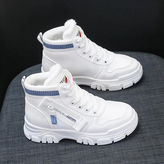 Leather High-top Cotton Boots Women's Shoes Snow Boots Women's Wild Autumn and Winter Plus Velvet White Shoes Women's Cotton Shoes