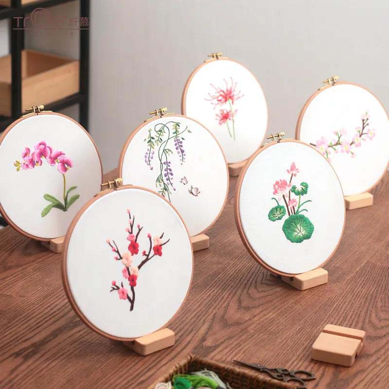 Home Decor Beginner Cross Stitch Kit Ribbon Painted Embroidery Hoop DIY Embroidery Flower Manual Needlework