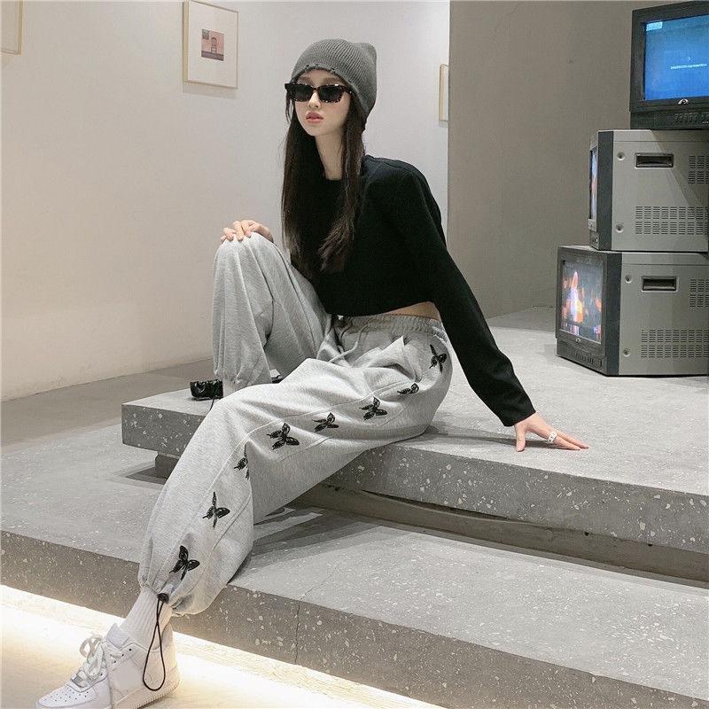 Gray Sweatpants Loose-fitting Pants fleece Autumn and Winter Korean Style High-waist Casual Pants Thin Trousers Women's Trend