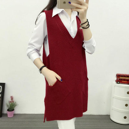 Autumn and Winter Mid-length Knitted Vest Women Loose Hedging V-neck Vest Thickened Large Size Waistcoat