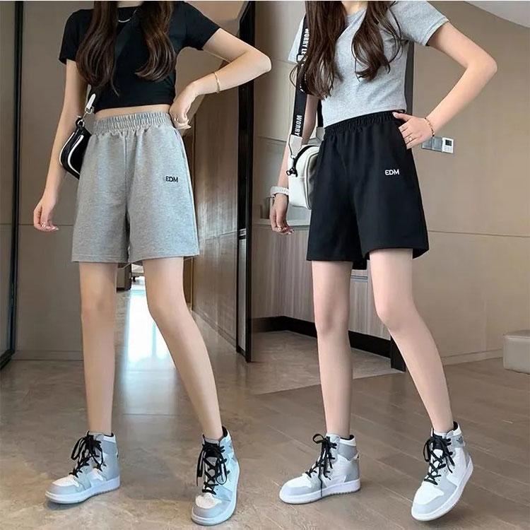 Women's Shorts Summer Letter Embroidered Sports Shorts Loose High Waist Outer Wear Straight Tube Thin Pants Wide Leg Grey Five-point Pants