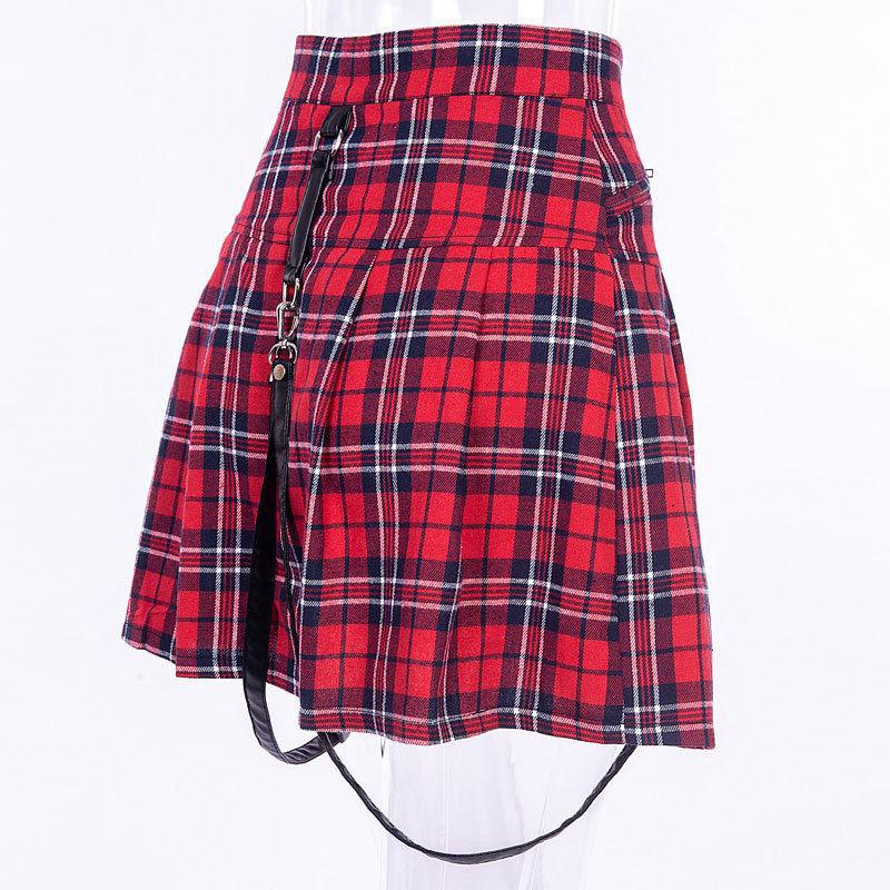 Dark Gothic Spring and Autumn Girls A-line Skirt Schoolgirls Black High Waist Strap Skirt