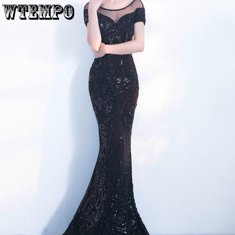 Black Long Mermaid Dress Night Party Elegant Dresses Women Sequin Off Shoulder Backless Sexy Slim Short Sleeve