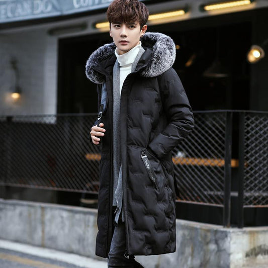 Men's Down Jacket Korean Thickened Medium Length Slim Coat Oversized Hair Collar Youth Men's Fashion Coat