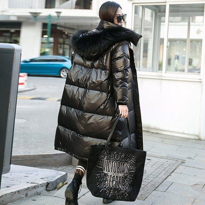 Down Jacket Women Winter Bright Face Loose White Duck Down Large Fur Collar Mid-length Warm Jacket