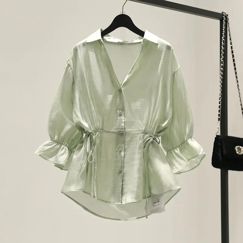 V-neck Waist Skirt Shirt Women's Summer Spring Summer Autumn Korean Chiffon Loose Ruffled Blouse Baby Shirt