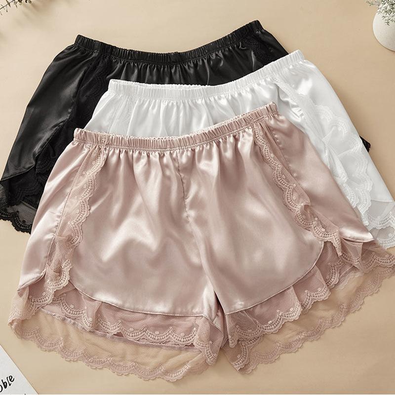 WTEMPO Pajama Pants Smooth Satin Sleepwear Women Shorts Lace Thin Safety Home Outside Anti-exhaust Leggings Shorts