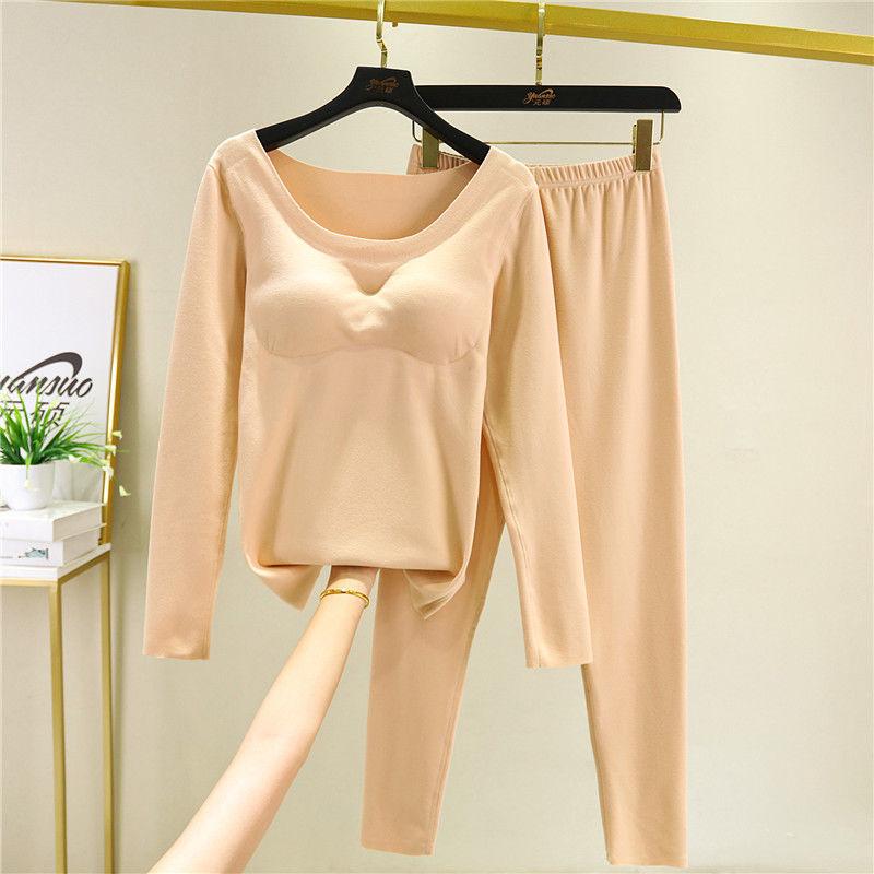 All-in-one Thermal Underwear Set with Chest Pad Two-piece Female Autumn Winter Plus Velvet Self-heating Bottoming Shirt