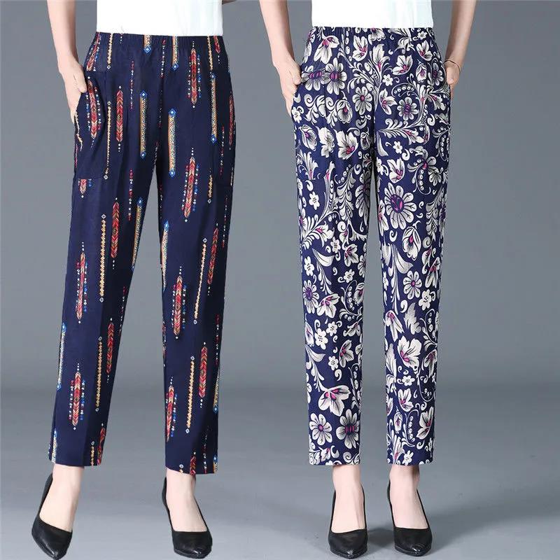 XL-5XL Women's Spring and Summer Elastic Waist Wide Leg Printed Casual Pants Female Plus Size Loose Simple Thin Cropped Pants