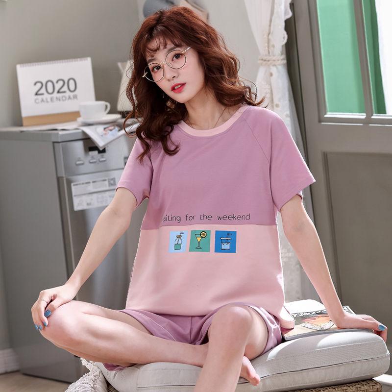 Short-sleeved Pajamas Women Summer Casual Cotton Cute Ladies Large Size Home Service Two-piece Suit