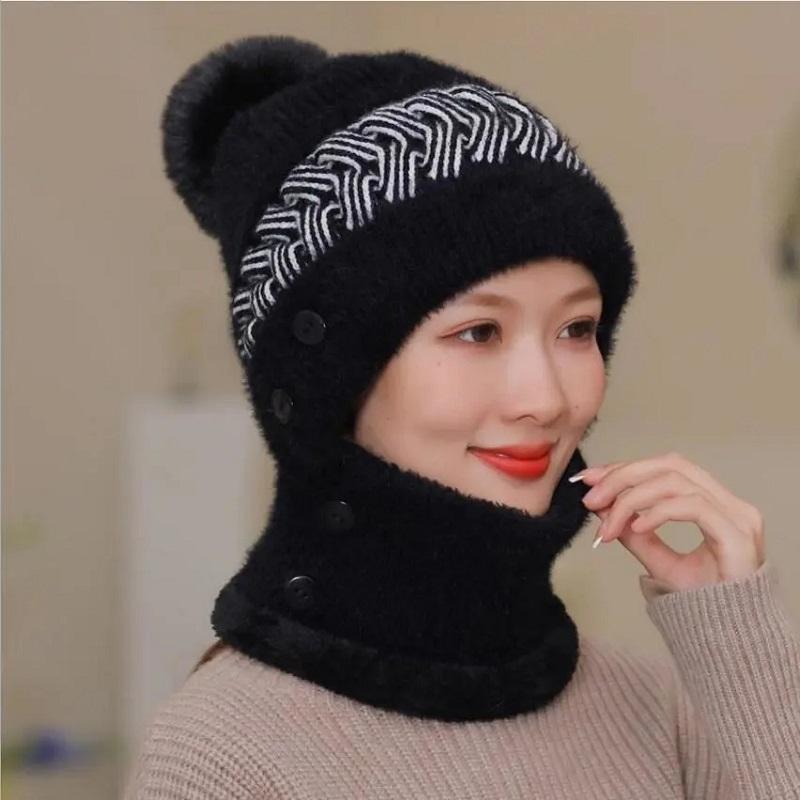 Women's Two-in-one Hat Scarf Winter Warm Woolen Cap Windproof Thick Woolen Caps for Riding Fur Ball Knitted Hats Facial Mask Scarf Set