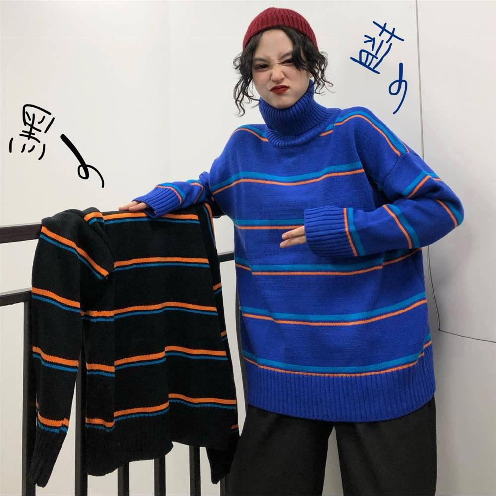 Pofulove Autumn Winter Korean Turtleneck Sweater Women Loose Student Stripes bf Wild ins Sweater