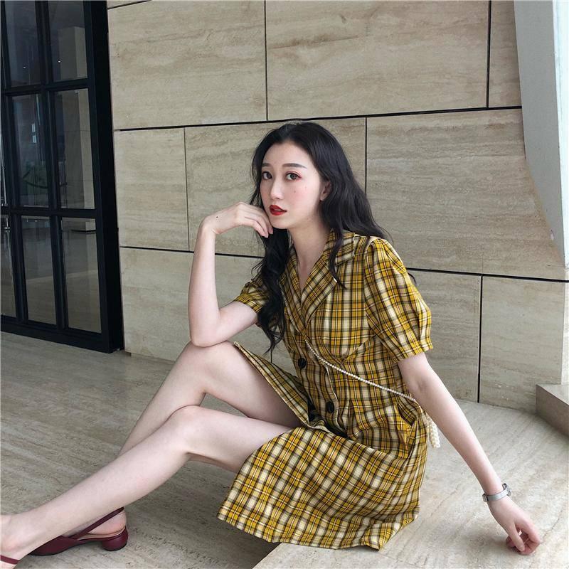 Vintage Women Dress Suit Collar Plaid Summer Dress Double-breasted Short Sleeve Ladies Dress 2020