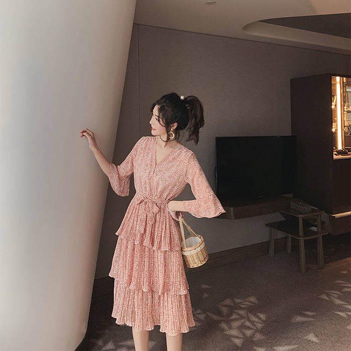 Pofulove S-XL Women V-neck Floral Chiffon Dress Thin Slim A-line Dress Flared Sleeve Long Dresses