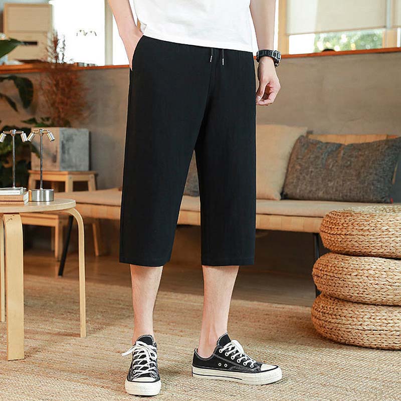 Cropped Pants Men's Linen Shorts Summer Thin Casual Pants Loose Large Size Cotton and Linen Beach Pants