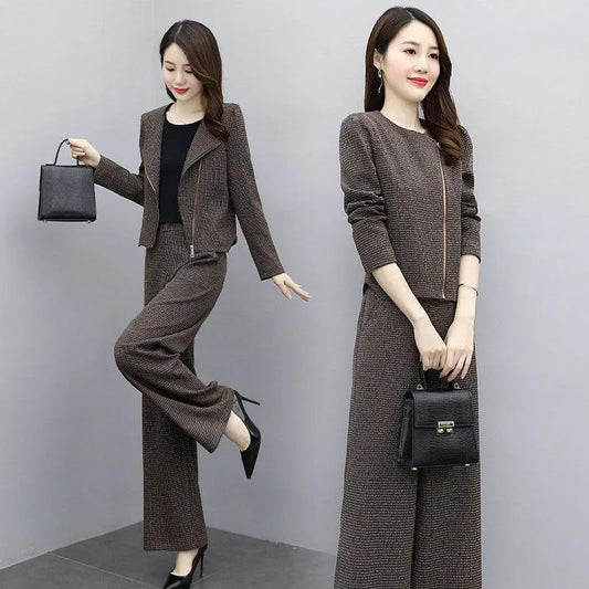 Set Autumn Plaid Trousers Fashion Casual Temperament Houndstooth Short Coat Two-piece Suit Women